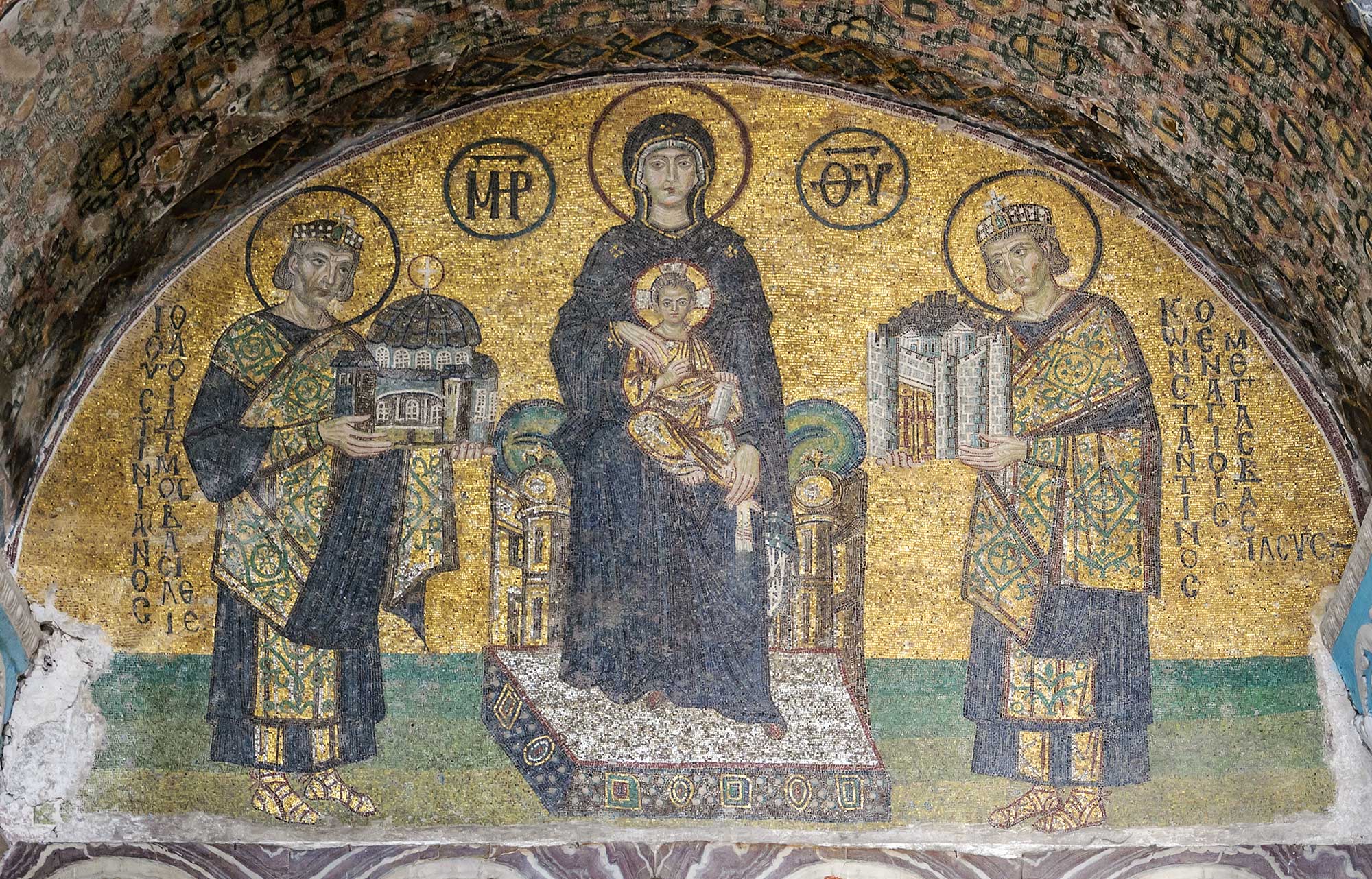 Mosaic of the former basilica Hagia Sophia of Constantinople), the Virgin Mary is standing in the middle, holding the Child Christ on her lap, on her right side stands emperor Justinian I, offering a model of the Hagia Sophia