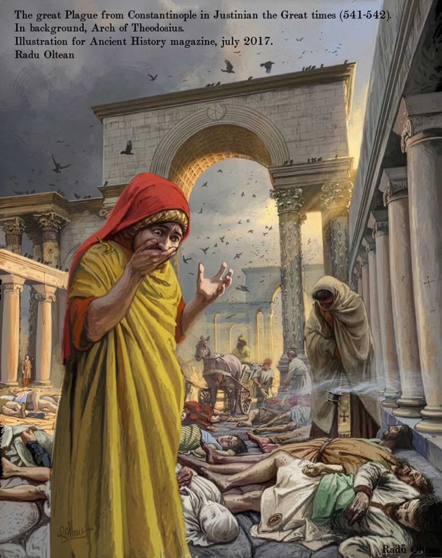 The great Plague from Constantinople in Justinian's time, in the background the Arch of Theodosius, illustration for Ancient History magazine, july 2017 by Radu Oltean