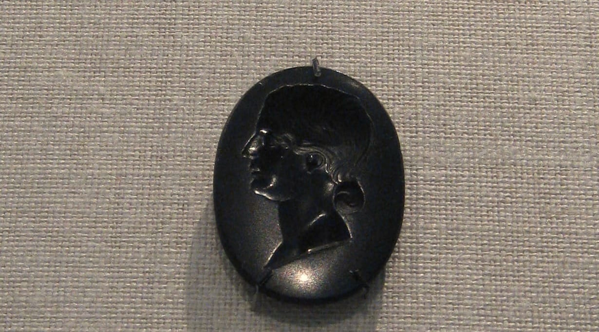 Black Jasper intaglio portrait of a Roman lady.The art of gem cutting was highly prized in Roman. Julius Ceasar is said to have been a passionate collector of gems, and Augustus' signate ring was made by Dioskouride, the finest engraver of his time. Gems were often used to recall family traditions or political allegiances, but they also had a practical purpose, for when they were engraved in negative as intaglio, they could be used as seal stones in signet rings.