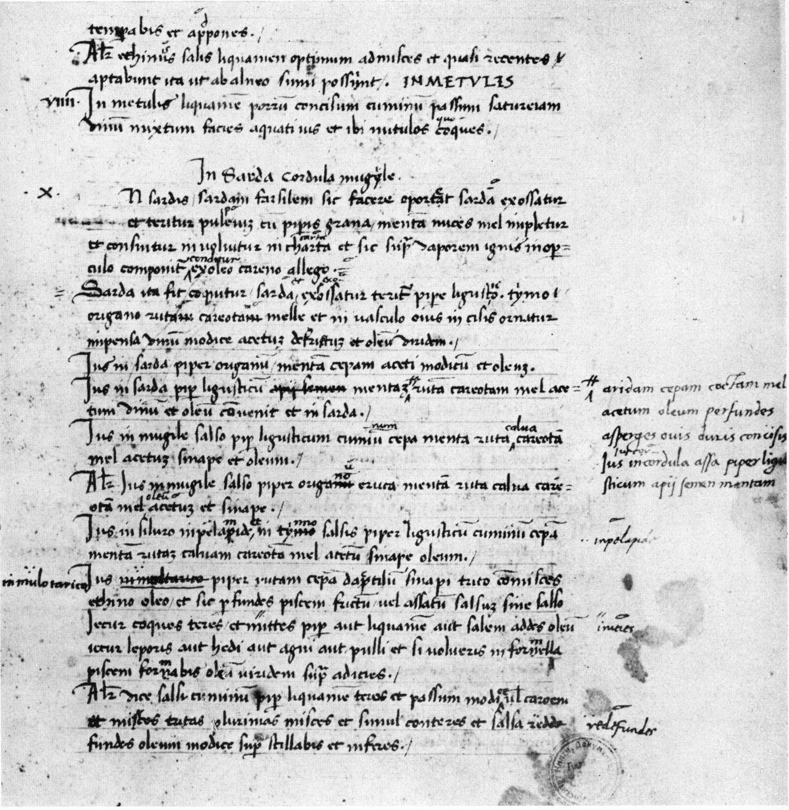 Pseudo-Apicius, De re coquinaria. Manuscript with notes by Poliziano. Saint Petersburg, Library of the Russian Academy of Sciences