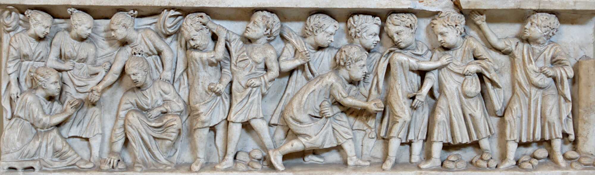 Children playing with nuts. Marble panel from a sarcophagus, Roman artwork, 3rd century CE. From Vigna Emendola on the Via Appia.