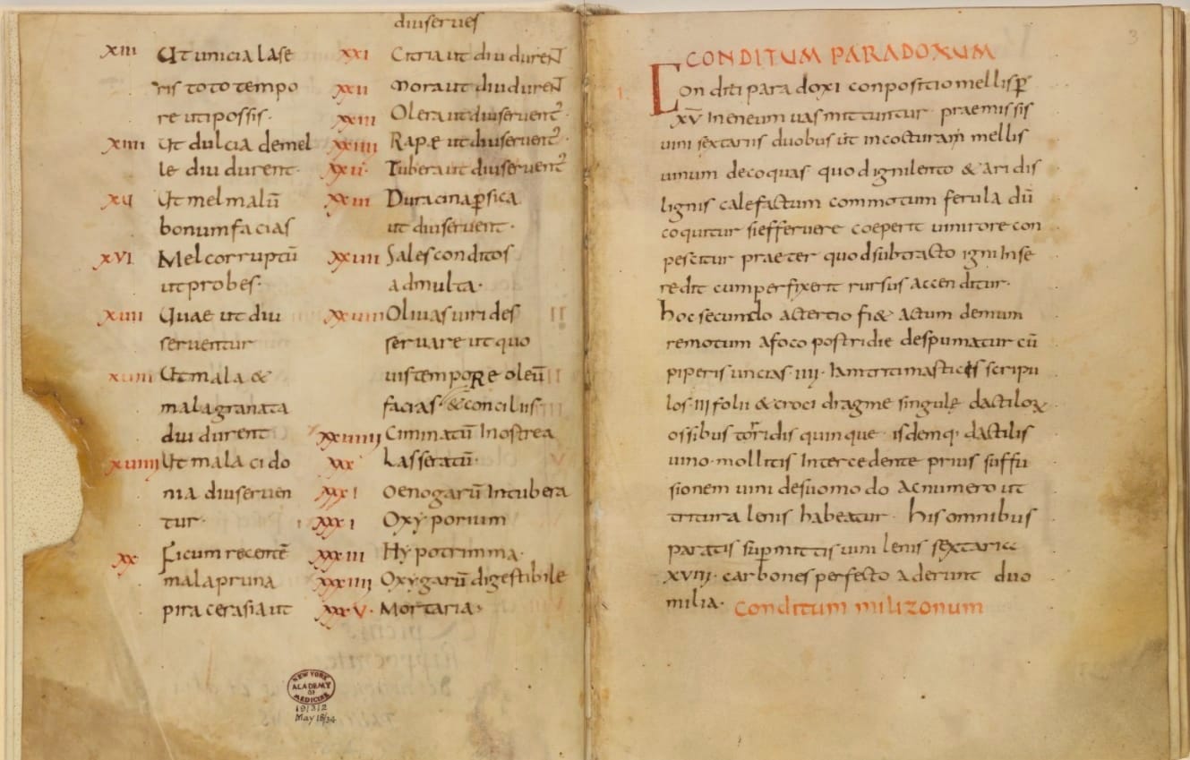 Apicius manuscript, New York Academy of Medicine: contents of book 1 (left), first page of text (right)