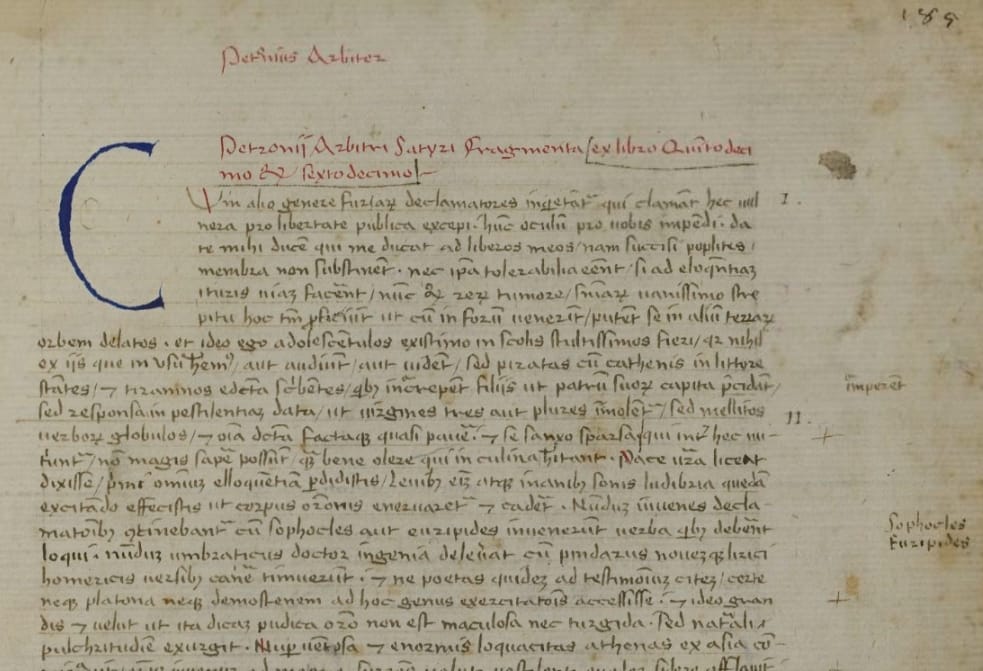 Petronius, first of the Satyricon fragments in the "Traguriensis" manuscript,