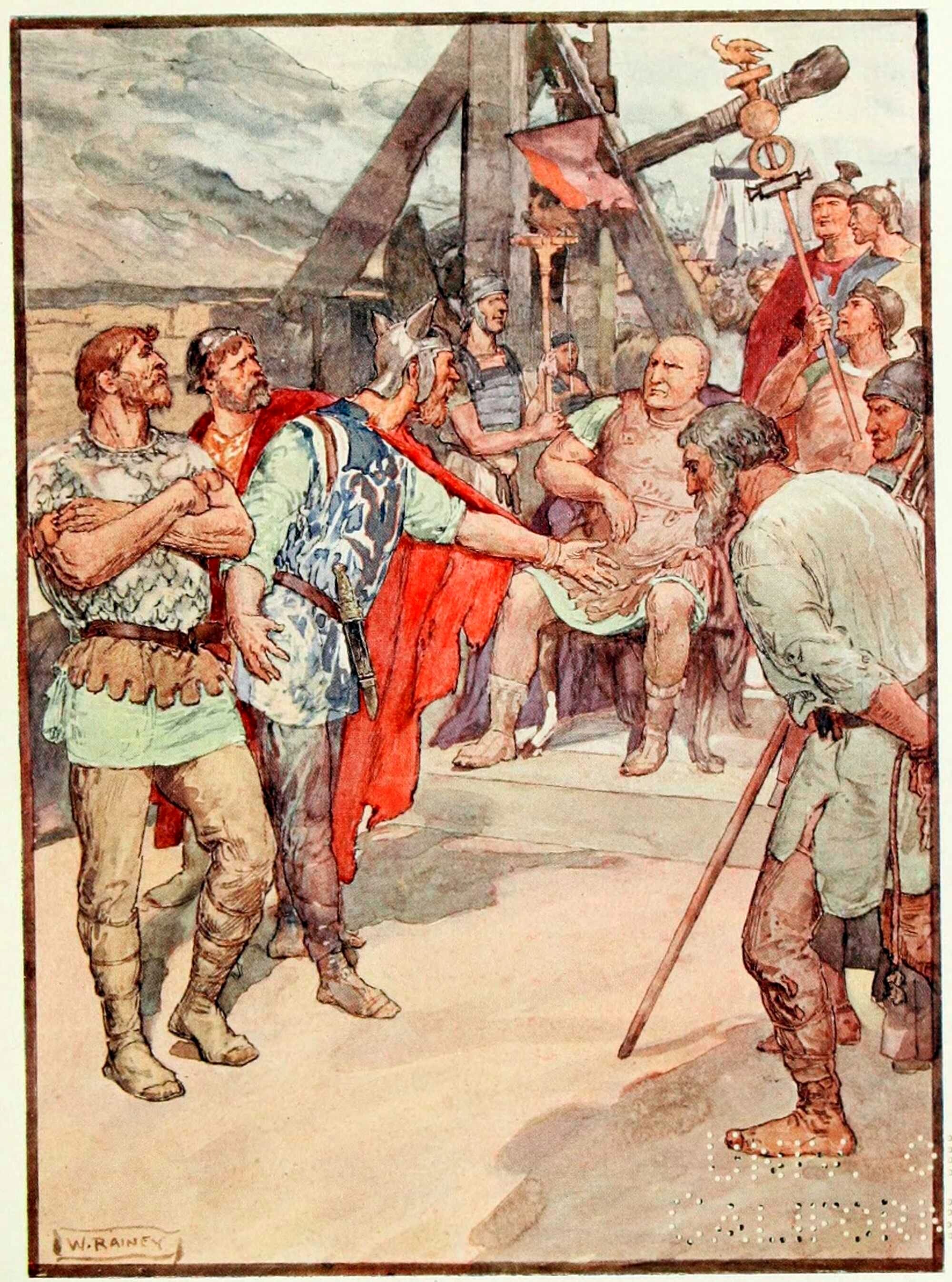 Marius sitting on a chair surrounded by Roman officers and obstinate-looking Germanic barbarians.