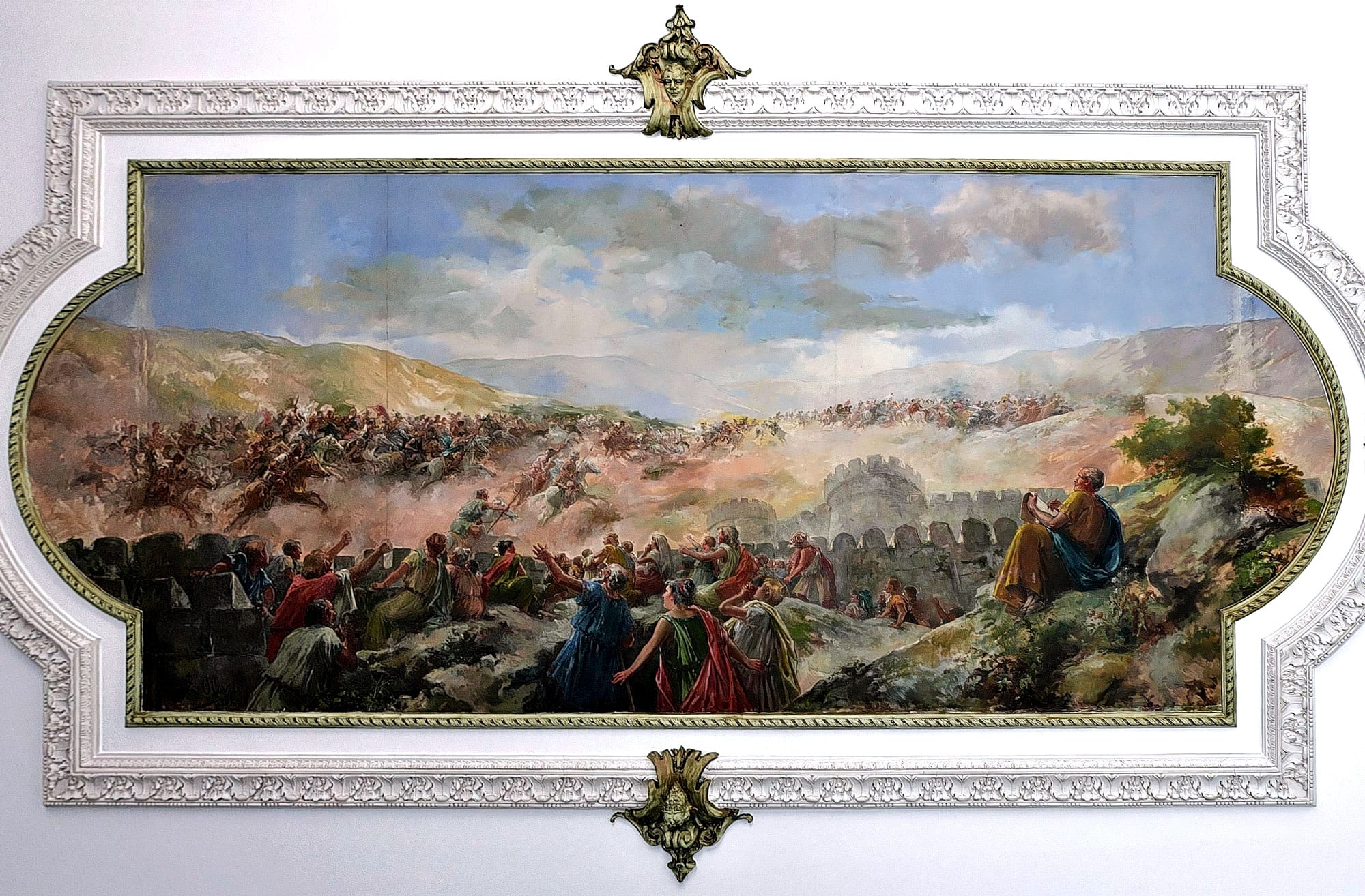 Ceiling of the entrance hall of the Provincial Council Palace of Palencia . The Vaccaei come out to defend Palencia from the troops of Lucius Licinius Lucullus (151 BC). Appian observes and records the episode.