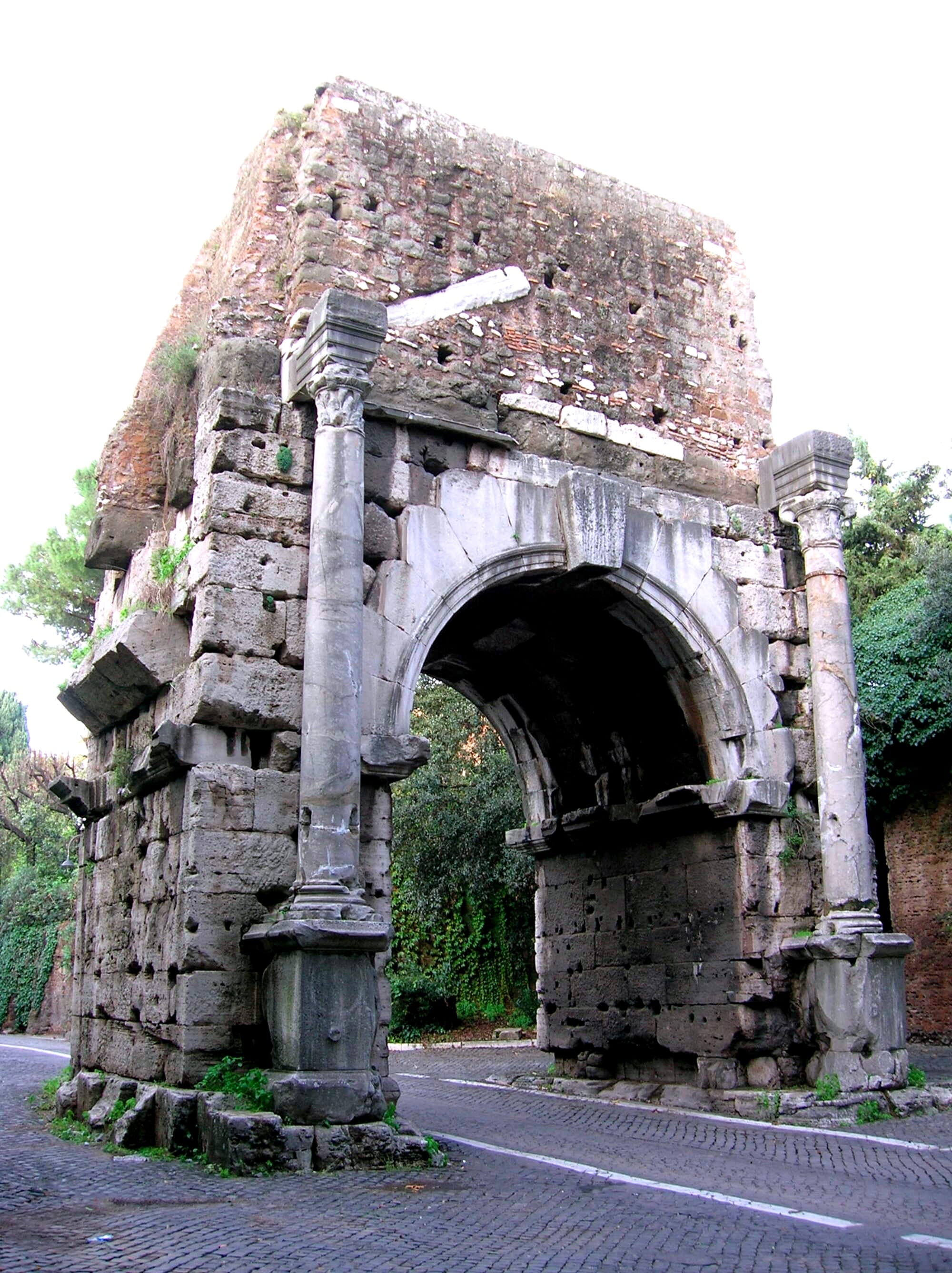 External face of the Arch of Drusus at the Porta San Sebastiano on the Appia Antica in Rome
