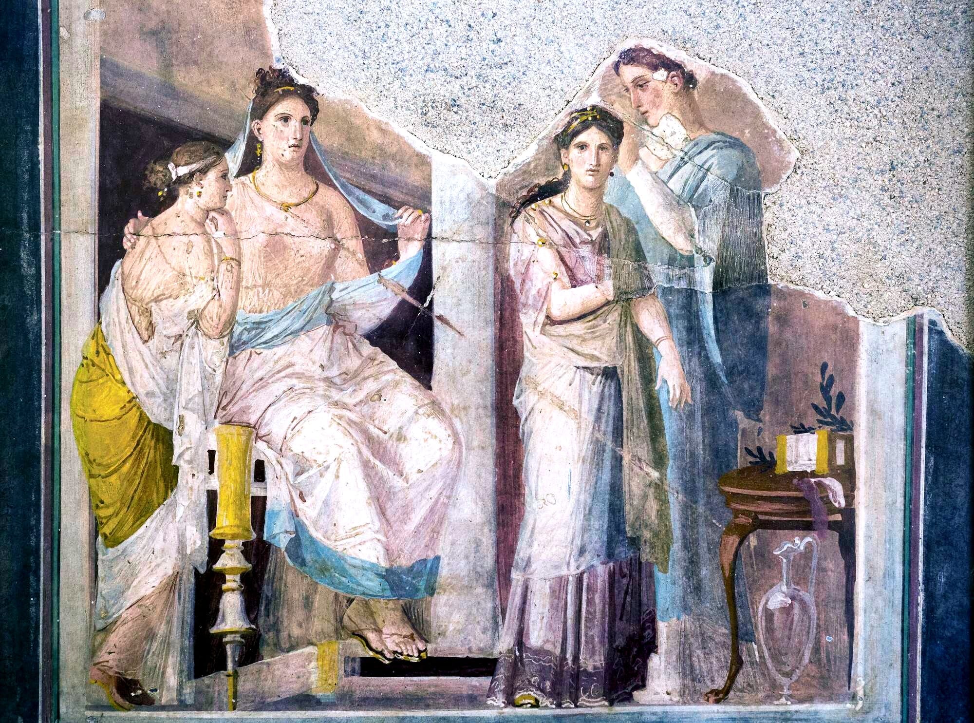Wall painting - mistress and three maids - Herculaneum