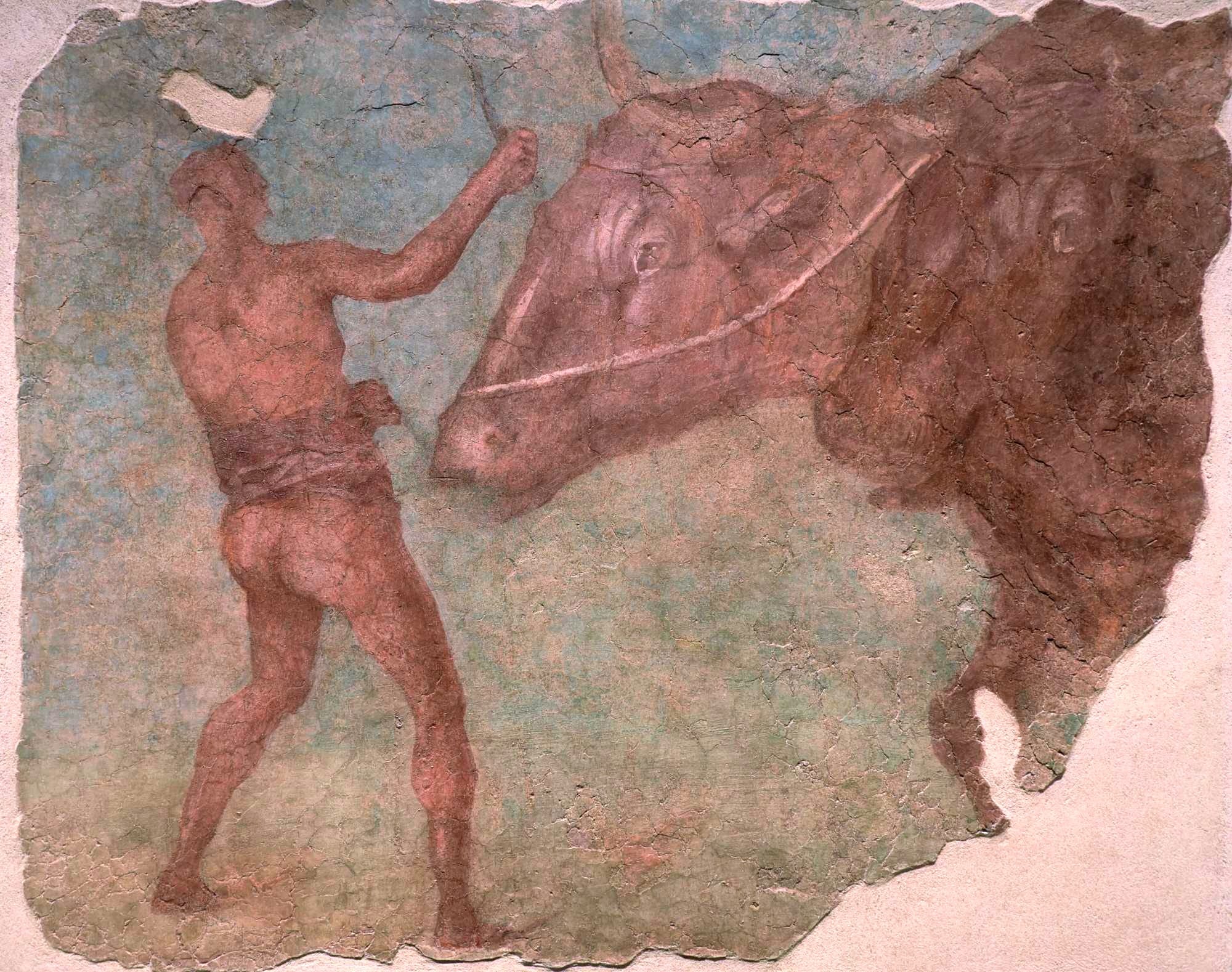 Wall painting with a farmer leading a pair of oxen, dated to the late 1st century AD, Museo Archeologico Ostiense, Italy