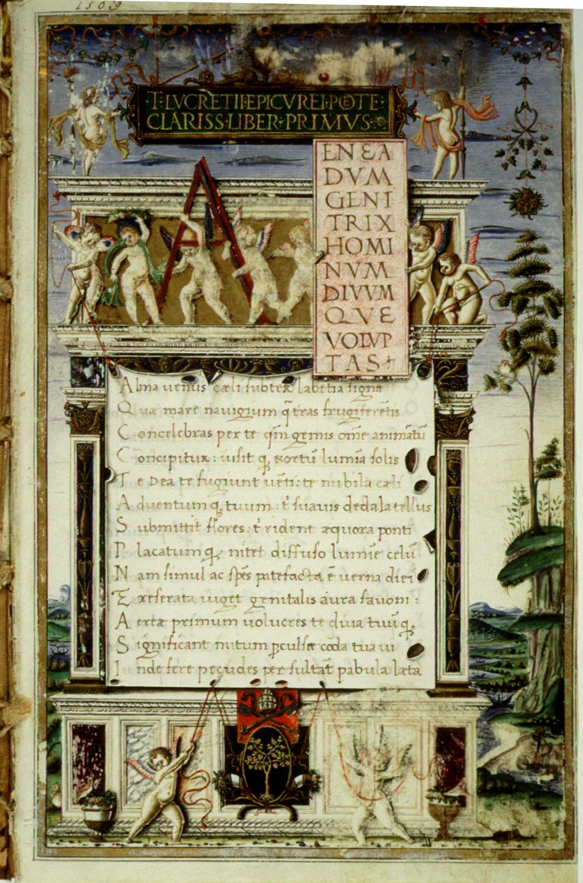 This elegant manuscript of Lucretius's philosophical poem, copied by an Augustinian friar for a pope