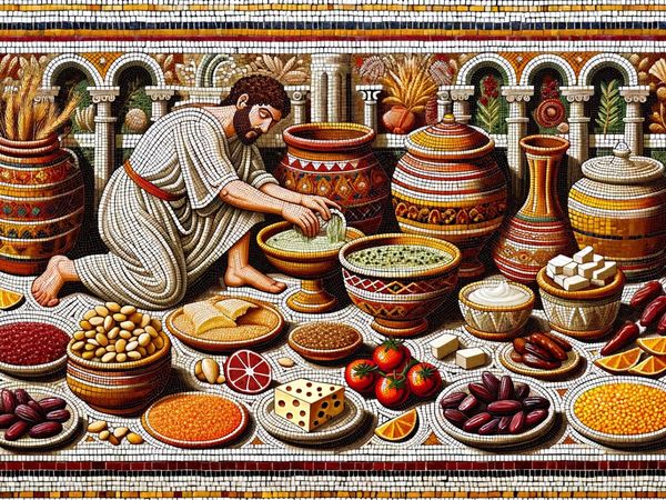 A detailed mosaic artwork of a Roman kitchen scene