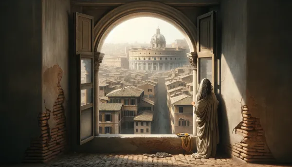 A poor woman, living on the upper floor of an insula, gazing at Rome from her window