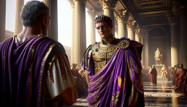Emperor Augustus in a trabea, engaged in conversation with a Roman general within his palace