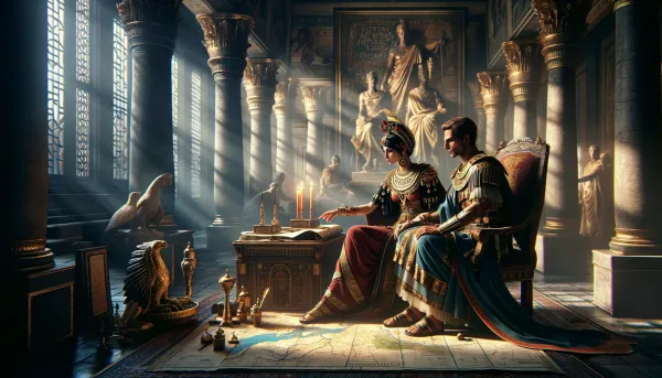 Cleopatra and Antonius strategizing in her palace the upcoming conflict with Octavian.