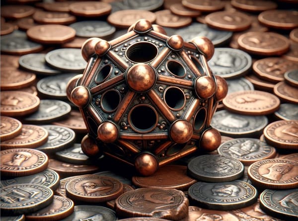 A Roman dodecahedron, set amidst a hoard of ancient coins