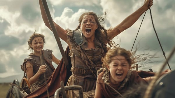 Boudica with her daughters rallies her forces, driving her chariot among her tribes and shouting words of encouragement