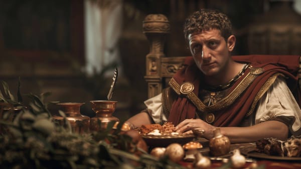 Emperor Claudius at the dining table, eating his poisoned mushrooms