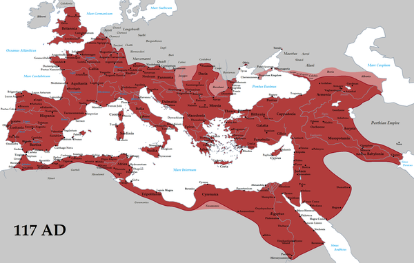 The Roman Empire (red) and its clients (pink) in 117 AD during the reign of emperor Trajan