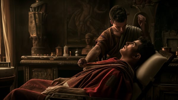 A Roman barber grooming one of his clients.