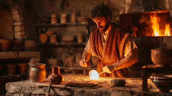 A Roman glass blower in his workshop working with hot glass