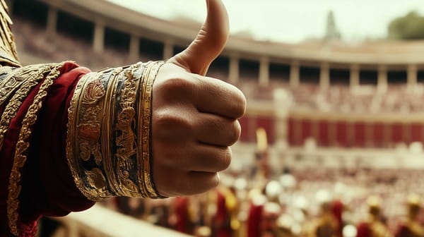 An Emperor giving the thumbs up during a gladiator battle in a Roman arena