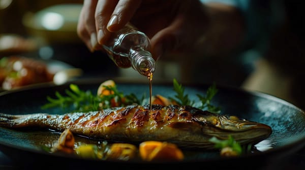 A representation of a Roman cook adding garum on a grilled fish, to greatly enhance its taste.