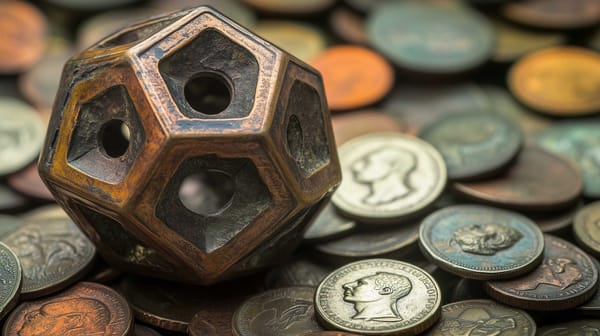 A possible representation of a Roman dodecahedron, set amidst a hoard of ancient Roman coins.