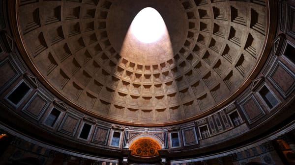 Sun rays enter the Pantheon’s dome in Rome, still enduring due to the use of Roman concrete