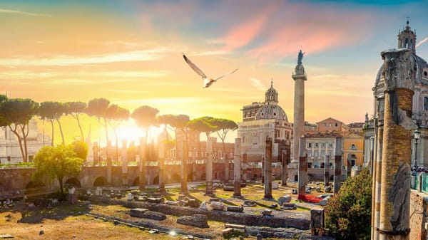 A dramatic photo of the Roman Forum, with Trajan’s Column on the right and a seagull flying in the middle