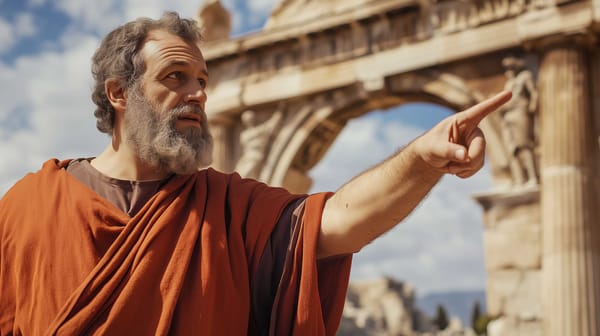 A possible representation of Herodes Atticus, pointing at something, background of a Roman Gate.