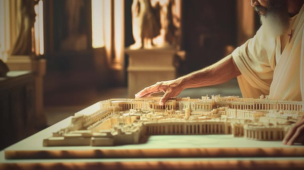 A possible representation of Roman Emperor Macrinus, inside the royal palace, plotting next moves in front of a model of Rome