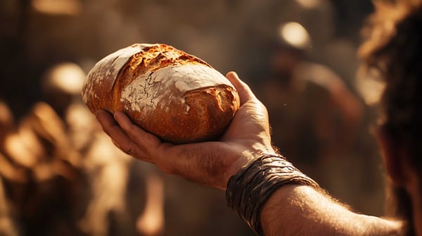 A possible representation of a Roman citizen, holding a small loaf of bread 