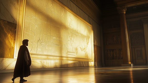 A possible representation of Roman Emperor Severus inside the Temple of Peace, admiring the Forma Urbis Romae