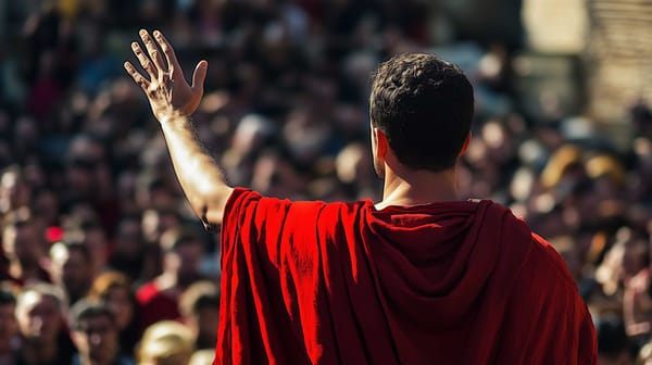 A possible representation of a Roman tribune during his oratory speech in front of a Roman plebeian crowd