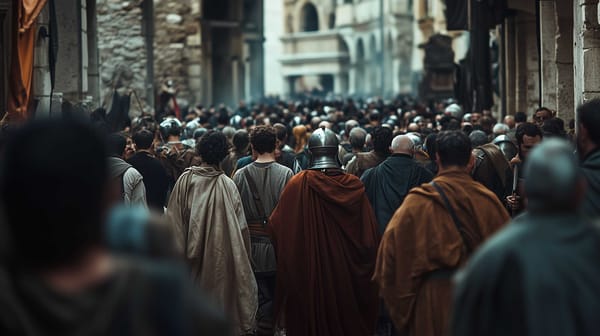 A possible representation of the diversity of the Roman population during the Empire, inside a bustling street