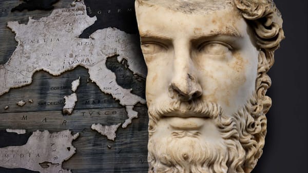 A fragmented marble bust of Lucius Verus, in the backdrop a map of the Roman Empire