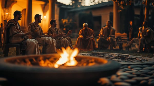 A possible representation of a  group of Ancient Romans gathering around the heat of a brazier during an autumn night