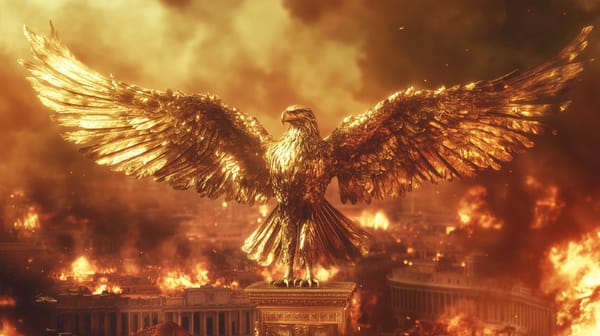 A possible representation of a golden Roman Eagle while the city of Rome is in flames