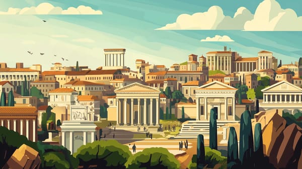 An artwork illustrating the classical architecture of the Roman Empire