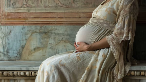 A possible representation of a Roman pregnant woman, resting on a marble bench inside her home