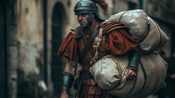 A possible representation of a Roman soldier carrying with difficulty two large sacks of salt