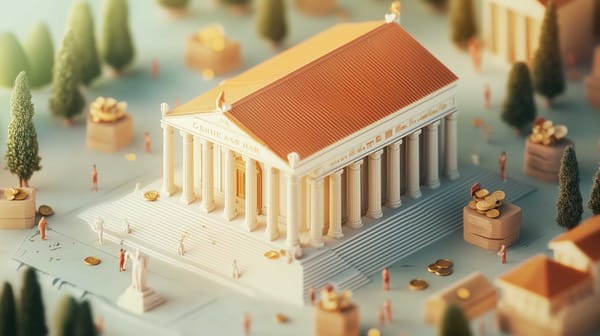 An isometric illustration, depicting Roman Empire’s banking system