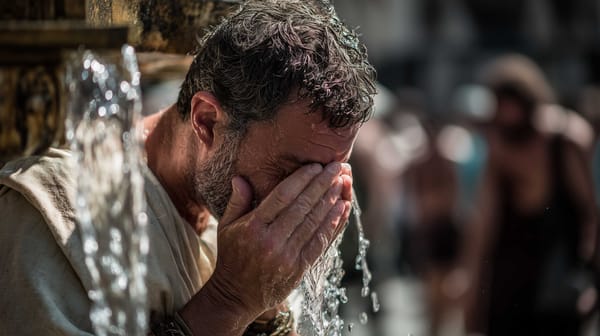 A possible representation of an Ancient Roman citizen dealing with the heat by splashing water on his face from a city fountain