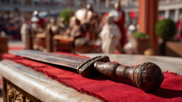 A possible representation of a Roman rudis, the wooden gladius sword offered to gladiators as a mark of their freedom
