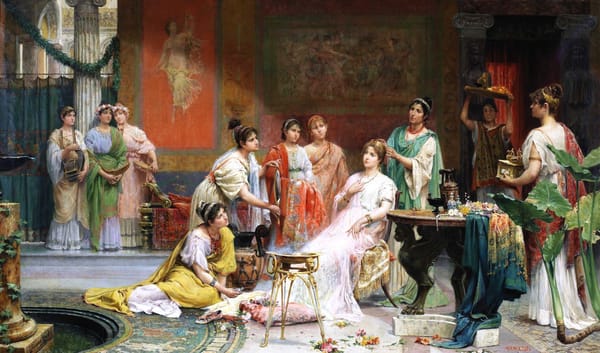 Dressing table of a Roman matron, a painting by Juan Giménez Martín, incense burning in the middle of the room.
