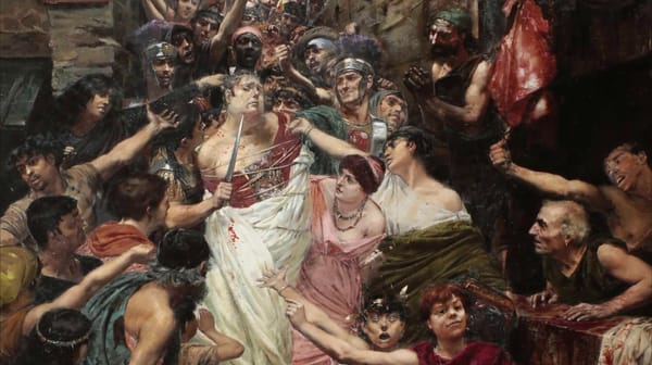 Detail from the 1883 painting by French artist Georges Rochegrosse depicting Roman Emperor Vitellius dragged through the streets of Rome.